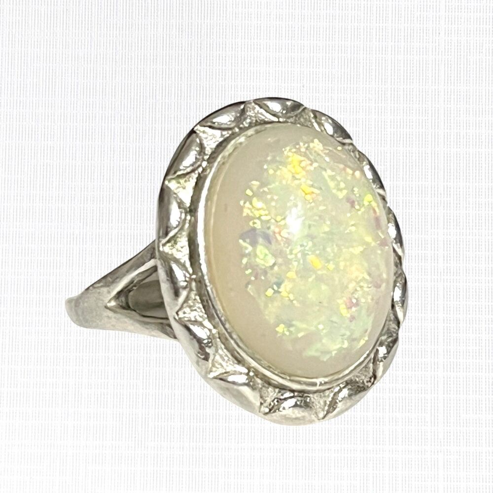 Simulated Opal Cocktail Ring 5.75 Oval Cabochon Silver Tone Bezel Chunky Stone